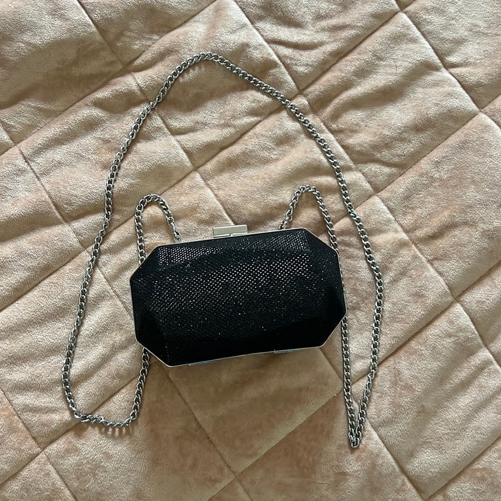 Reflective black glitter/shine clutch purse with chain